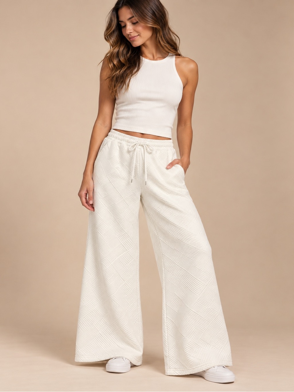 White Textured Geometric Wide Leg Pull On Pants Size L